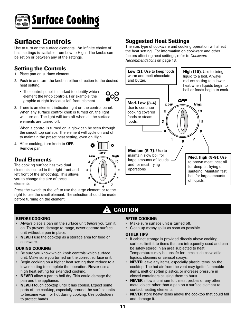Surface cooking, Surface controls, Setting the controls | Dual elements, Caution suggested heat settings | Amana AER5722CAS User Manual | Page 12 / 72