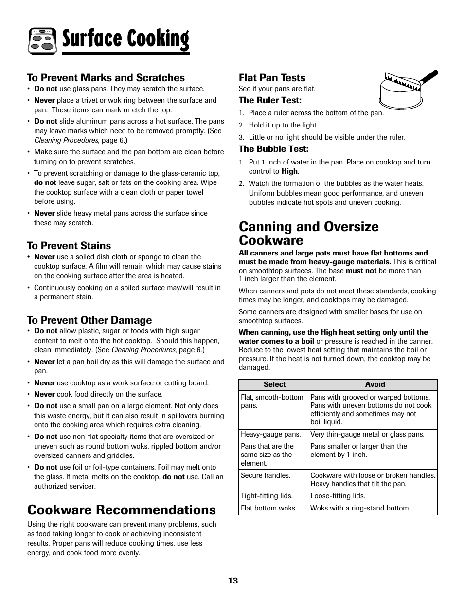 Surface cooking, Cookware recommendations, Canning and oversize cookware | Flat pan tests | Amana AER5722CAS User Manual | Page 14 / 72