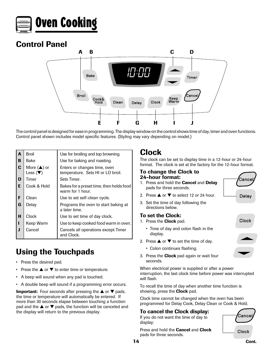 Oven cooking, Control panel, Using the touchpads | Clock | Amana AER5722CAS User Manual | Page 15 / 72