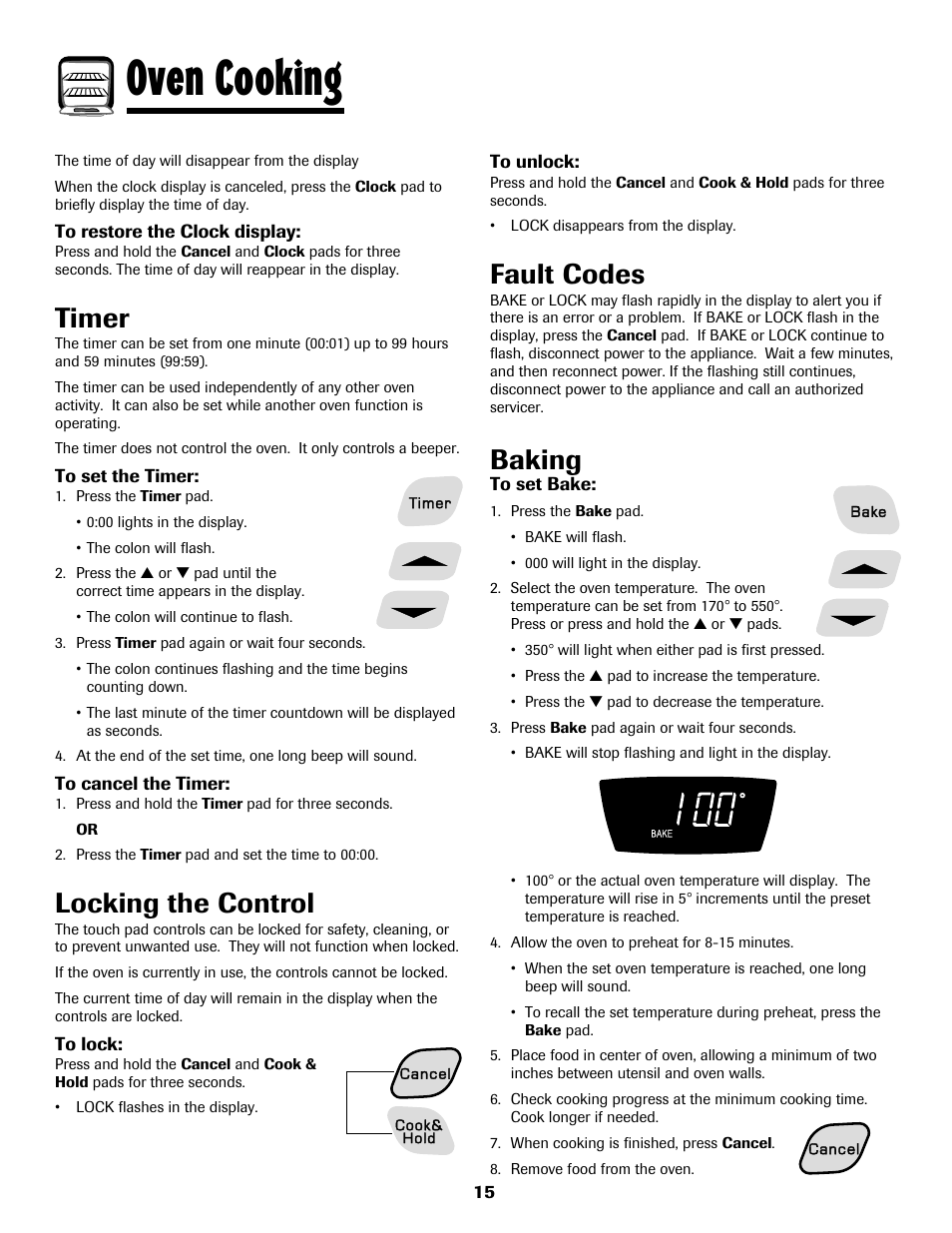 Oven cooking, Timer, Locking the control | Fault codes, Baking | Amana AER5722CAS User Manual | Page 16 / 72