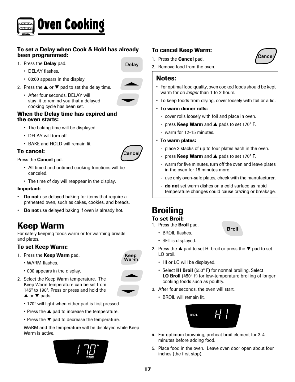 Oven cooking, Keep warm, Broiling | Amana AER5722CAS User Manual | Page 18 / 72