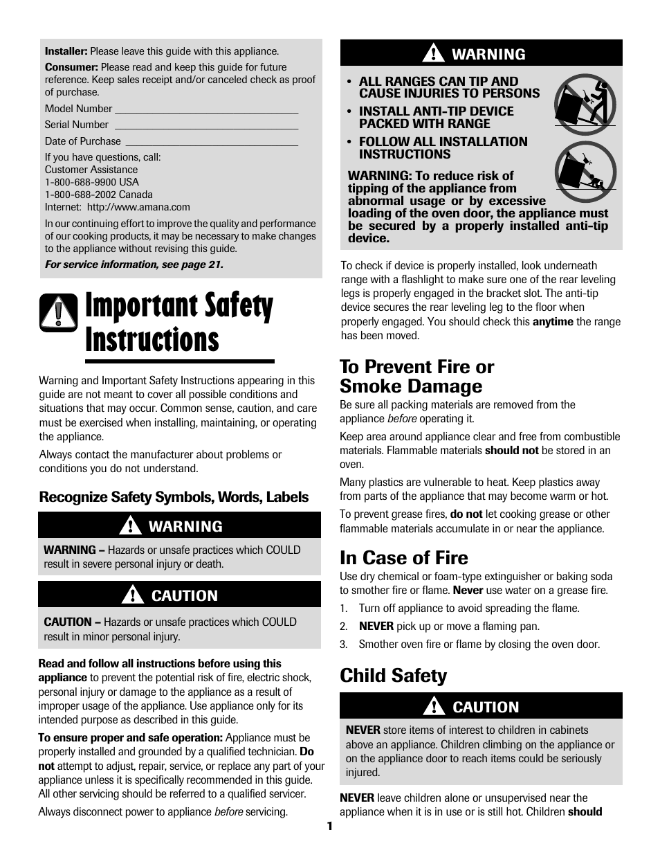 Important safety instructions, Child safety | Amana AER5722CAS User Manual | Page 2 / 72