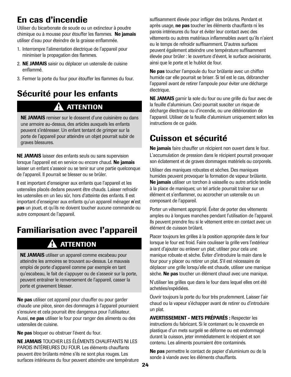 En cas d’incendie, Sécurité pour les enfants, Cuisson et sécurité | Familiarisation avec l’appareil | Amana AER5722CAS User Manual | Page 25 / 72