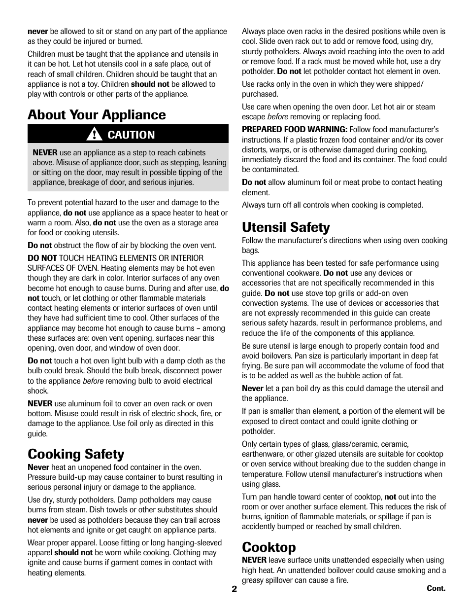 Cooking safety, Utensil safety, Cooktop | About your appliance | Amana AER5722CAS User Manual | Page 3 / 72