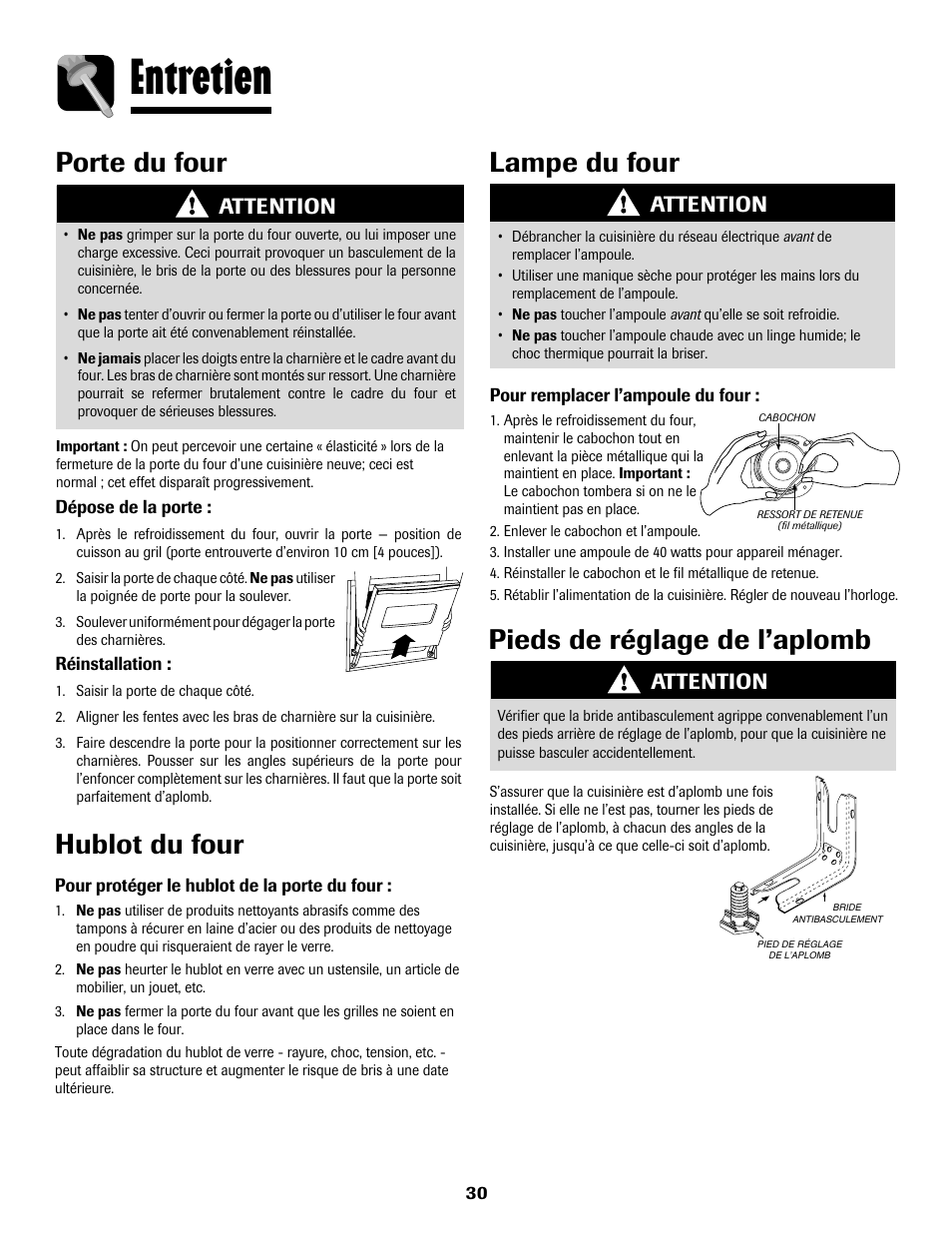 Entretien, Hublot du four, Lampe du four pieds de réglage de l’aplomb | Porte du four, Attention | Amana AER5722CAS User Manual | Page 31 / 72