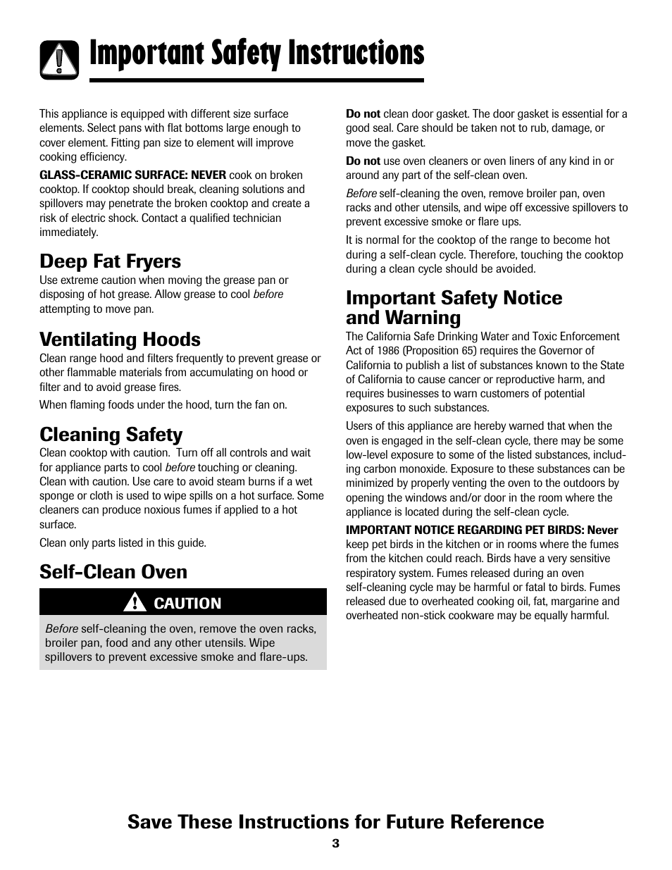 Important safety instructions, Important safety notice and warning, Save these instructions for future reference | Deep fat fryers, Ventilating hoods, Cleaning safety, Self-clean oven | Amana AER5722CAS User Manual | Page 4 / 72