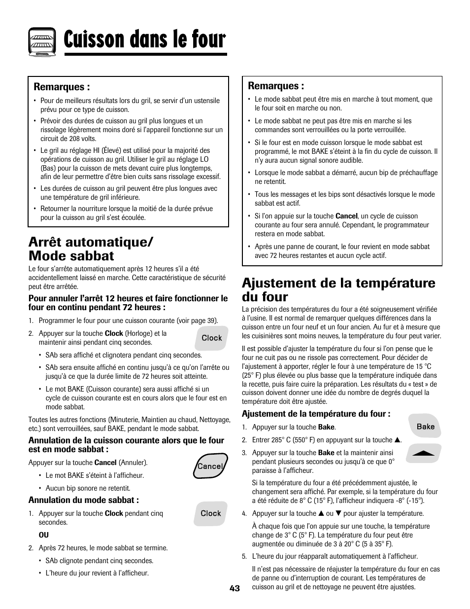 Cuisson dans le four, Arrêt automatique/ mode sabbat, Ajustement de la température du four | Remarques | Amana AER5722CAS User Manual | Page 44 / 72