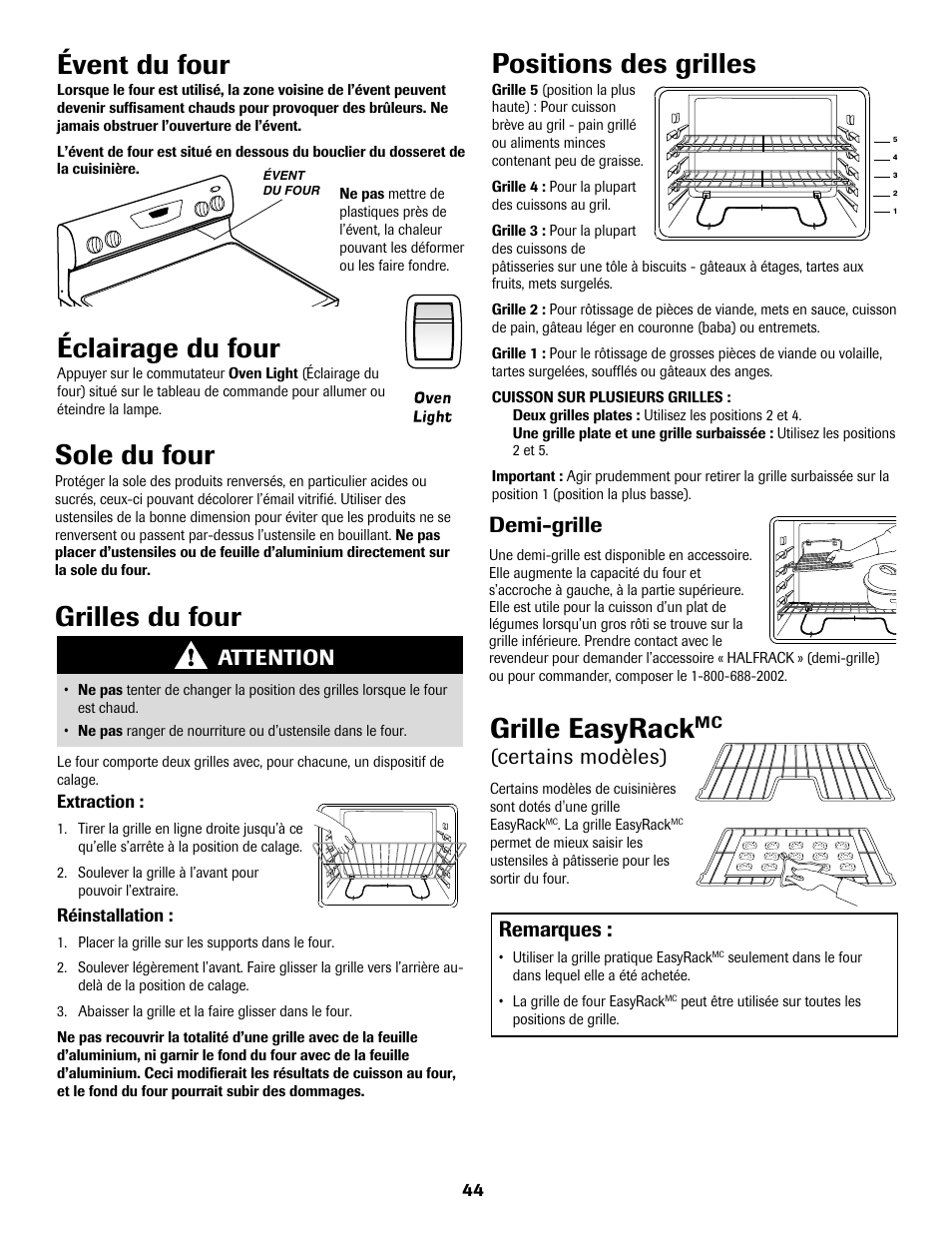 Grilles du four, Positions des grilles, Grille easyrack | Sole du four, Éclairage du four, Évent du four, Attention, Demi-grille, Certains modèles), Remarques | Amana AER5722CAS User Manual | Page 45 / 72