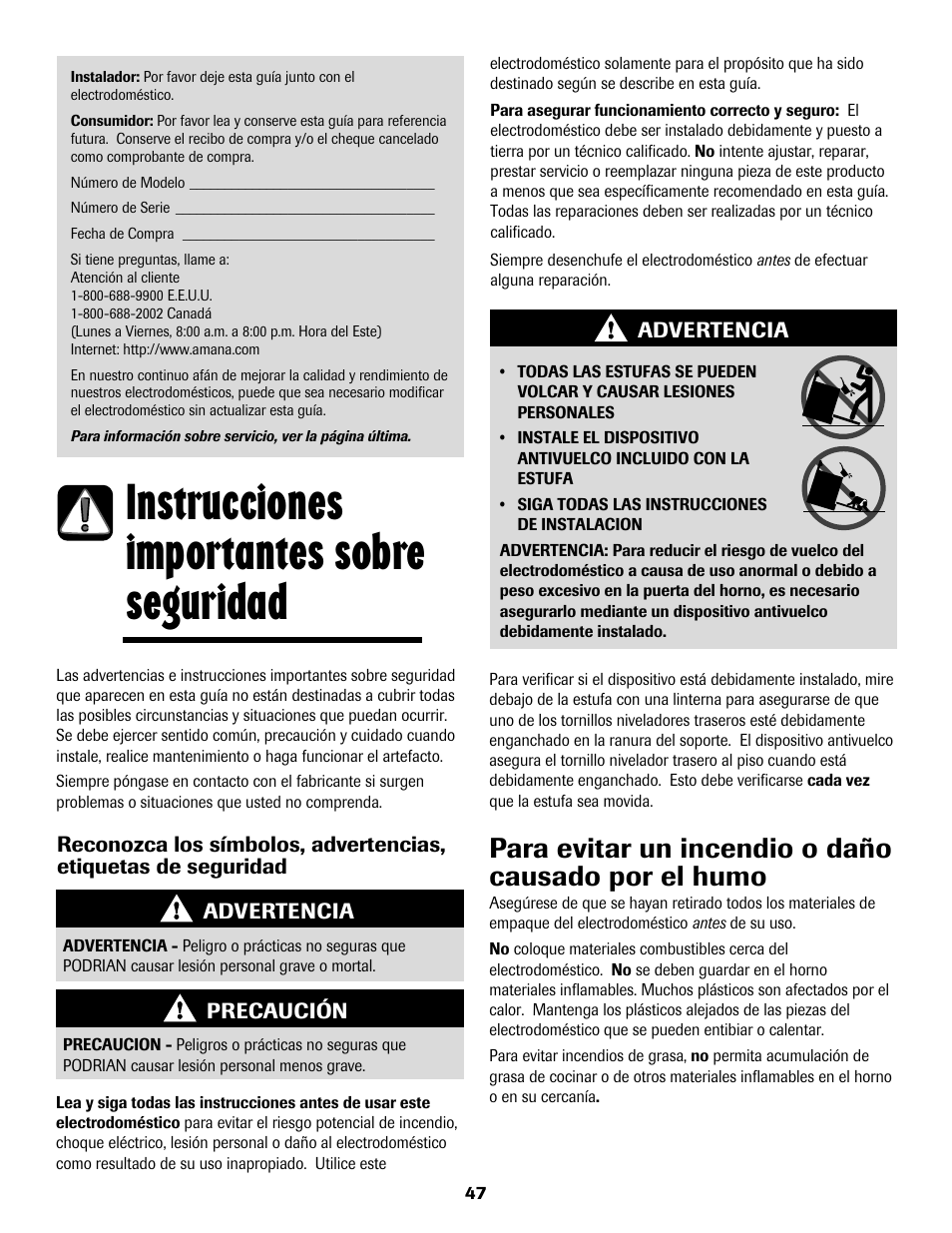Instrucciones importantes sobre seguridad, Para evitar un incendio o daño causado por el humo | Amana AER5722CAS User Manual | Page 48 / 72