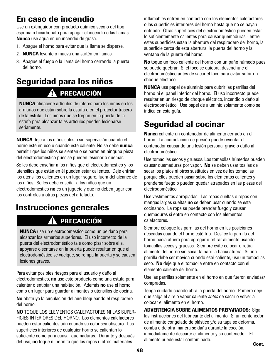 En caso de incendio, Seguridad para los niños, Instrucciones generales | Seguridad al cocinar | Amana AER5722CAS User Manual | Page 49 / 72