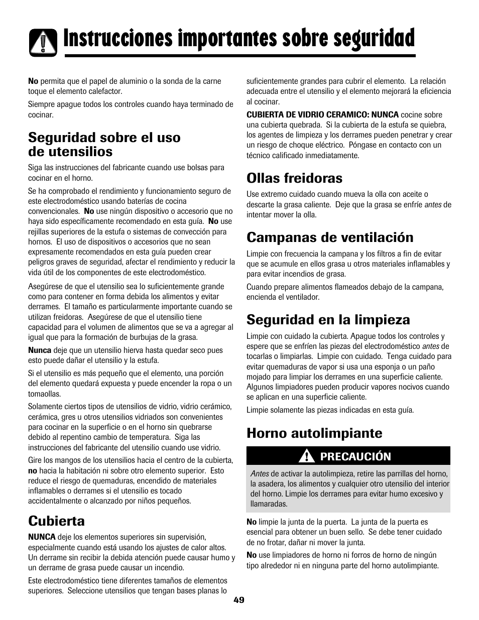 Instrucciones importantes sobre seguridad, Seguridad sobre el uso de utensilios, Cubierta | Ollas freidoras, Campanas de ventilación, Seguridad en la limpieza, Horno autolimpiante | Amana AER5722CAS User Manual | Page 50 / 72