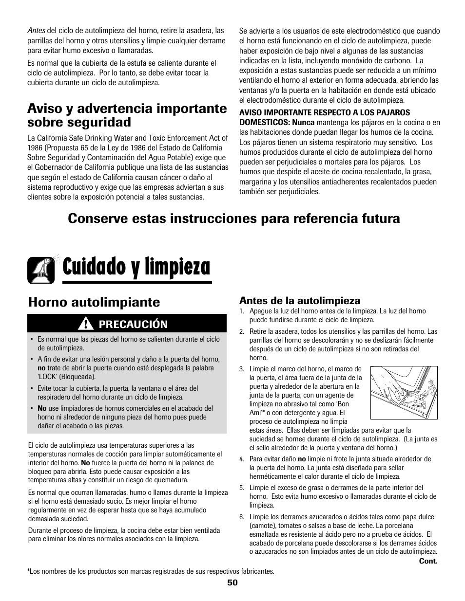 Cuidado y limpieza, Aviso y advertencia importante sobre seguridad, Horno autolimpiante | Amana AER5722CAS User Manual | Page 51 / 72