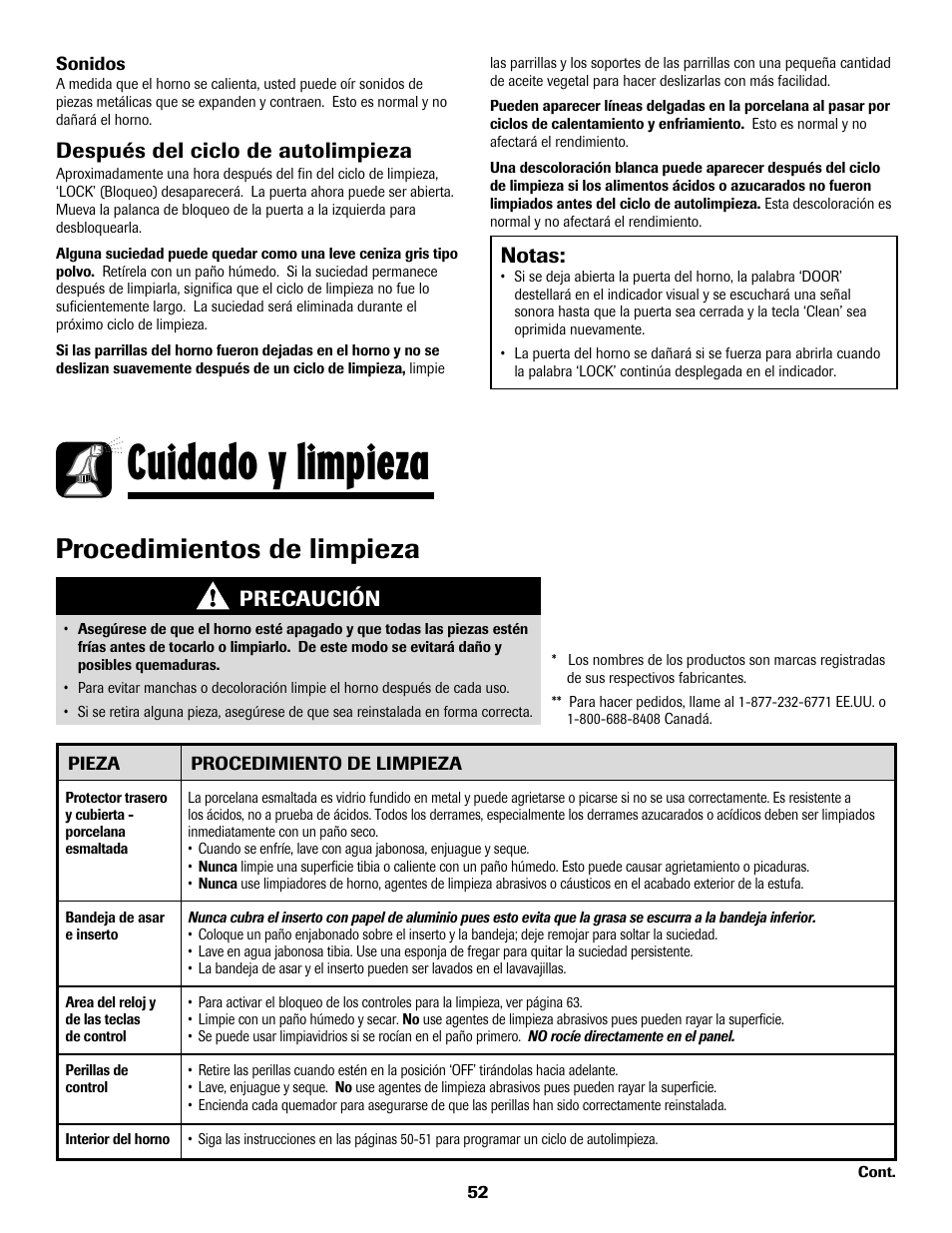 Cuidado y limpieza, Procedimientos de limpieza, Notas | Después del ciclo de autolimpieza, Precaución | Amana AER5722CAS User Manual | Page 53 / 72