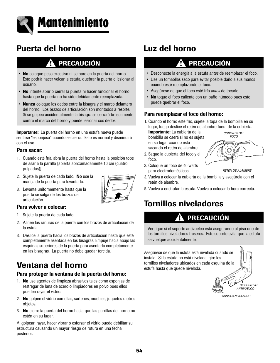 Mantenimiento, Luz del horno tornillos niveladores, Puerta del horno | Ventana del horno, Precaución | Amana AER5722CAS User Manual | Page 55 / 72