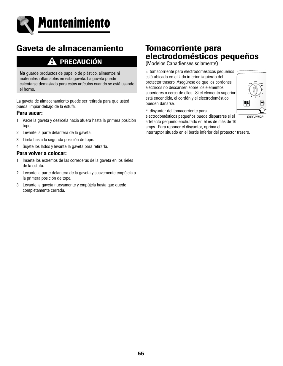 Mantenimiento, Tomacorriente para electrodomésticos pequeños, Gaveta de almacenamiento | Amana AER5722CAS User Manual | Page 56 / 72