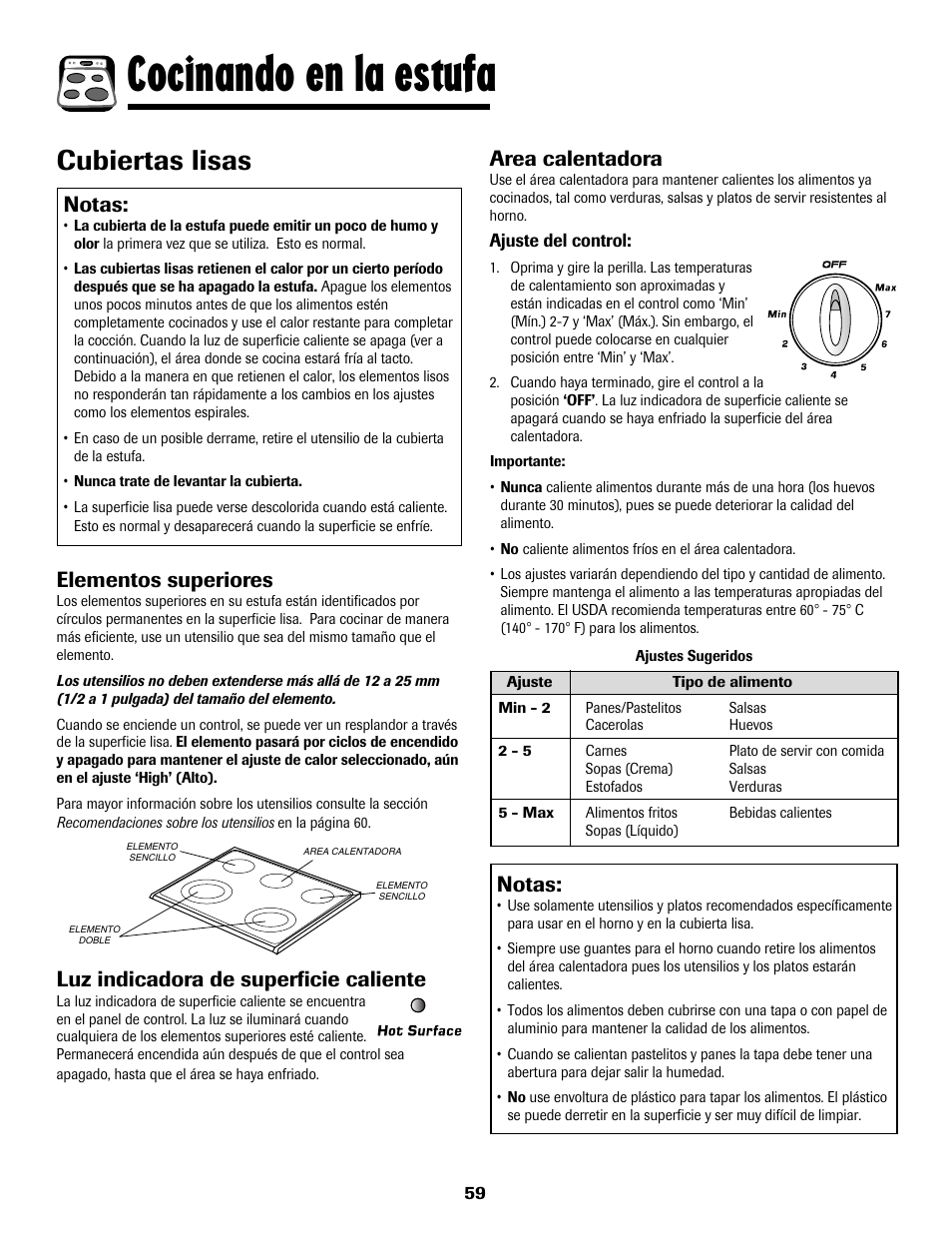 Cocinando en la estufa, Cubiertas lisas, Notas | Elementos superiores, Area calentadora, Luz indicadora de superficie caliente | Amana AER5722CAS User Manual | Page 60 / 72