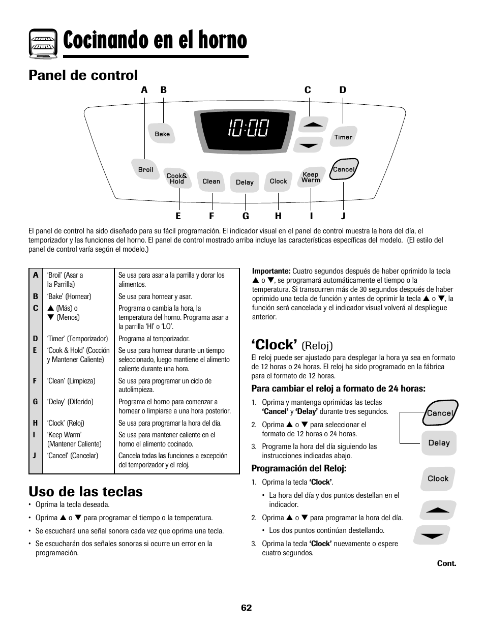 Cocinando en el horno, Panel de control, Clock | Uso de las teclas, Reloj) | Amana AER5722CAS User Manual | Page 63 / 72