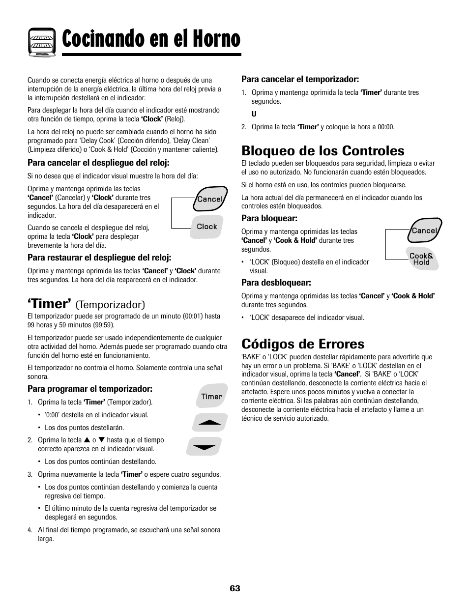 Cocinando en el horno, Timer, Bloqueo de los controles | Códigos de errores, Temporizador) | Amana AER5722CAS User Manual | Page 64 / 72