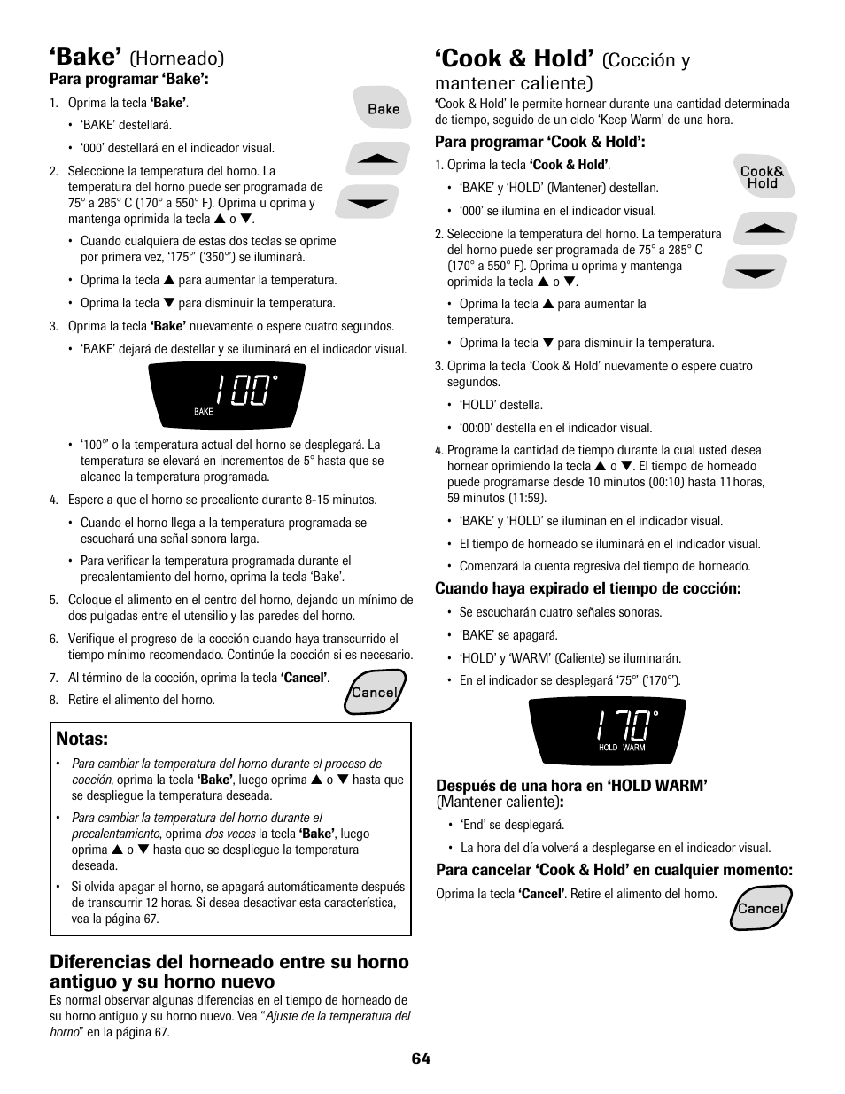 Bake, Cook & hold, Notas | Horneado), Cocción y mantener caliente) | Amana AER5722CAS User Manual | Page 65 / 72