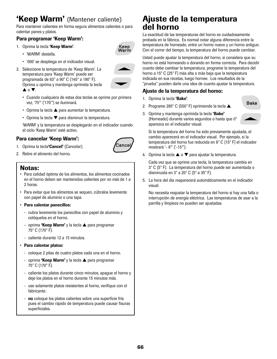 Ajuste de la temperatura del horno, Keep warm, Notas | Mantener caliente) | Amana AER5722CAS User Manual | Page 67 / 72