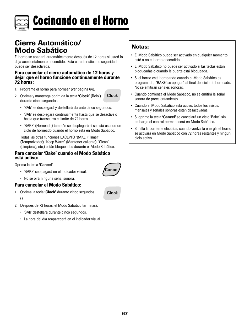 Cocinando en el horno, Cierre automático/ modo sabático, Notas | Amana AER5722CAS User Manual | Page 68 / 72