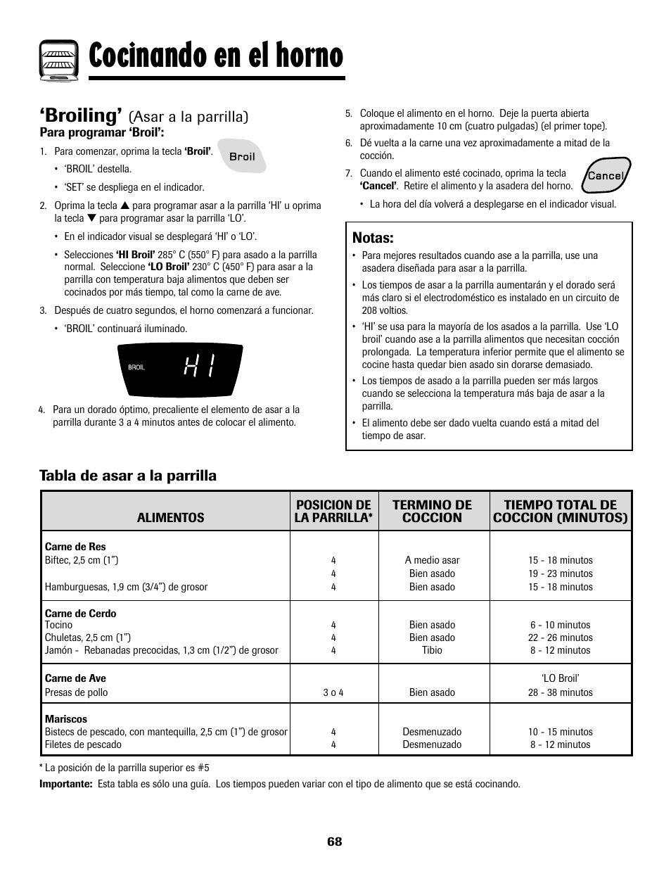 Cocinando en el horno, Broiling, Asar a la parrilla) | Notas, Tabla de asar a la parrilla | Amana AER5722CAS User Manual | Page 69 / 72