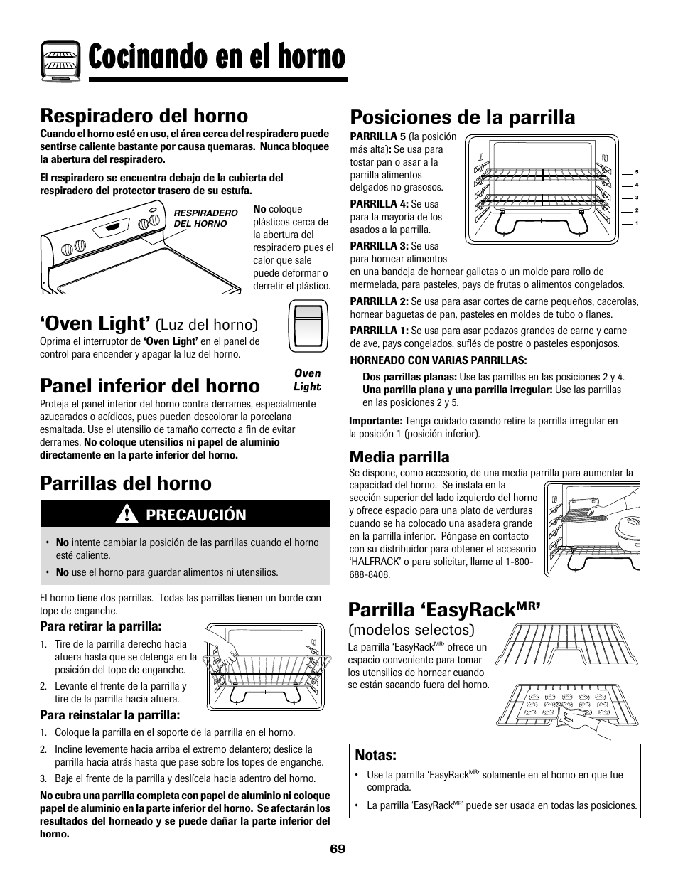 Cocinando en el horno, Panel inferior del horno, Respiradero del horno | Oven light, Parrillas del horno, Posiciones de la parrilla, Parrilla ‘easyrack | Amana AER5722CAS User Manual | Page 70 / 72
