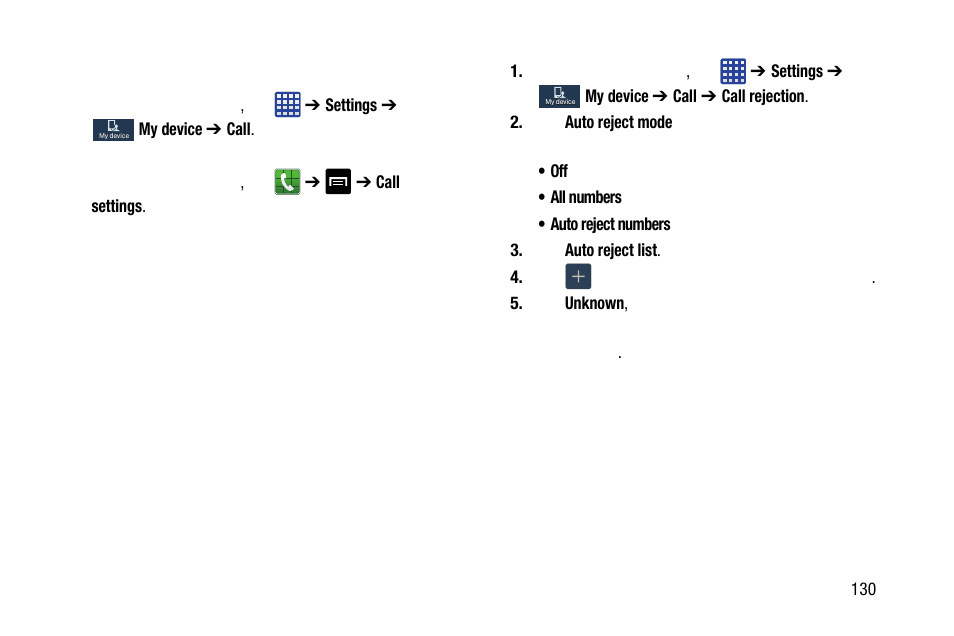 Call settings, Call rejection | Samsung SM-C105AZWAATT User Manual | Page 137 / 283