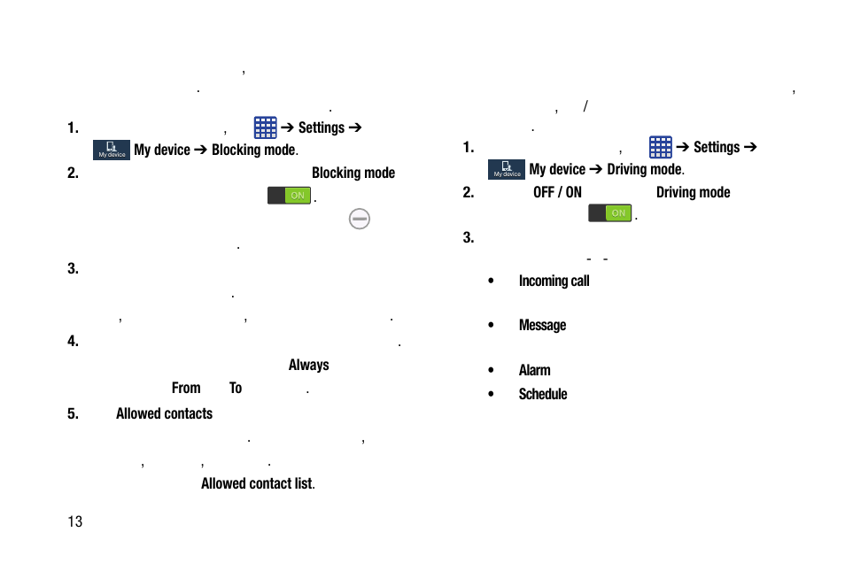 Blocking mode, Driving mode, Blocking mode driving mode | Samsung SM-C105AZWAATT User Manual | Page 144 / 283