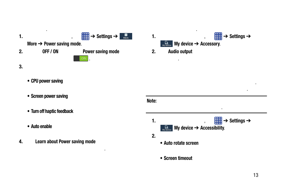Power saving mode, Accessory settings, Accessibility | Power saving mode accessory settings accessibility | Samsung SM-C105AZWAATT User Manual | Page 145 / 283