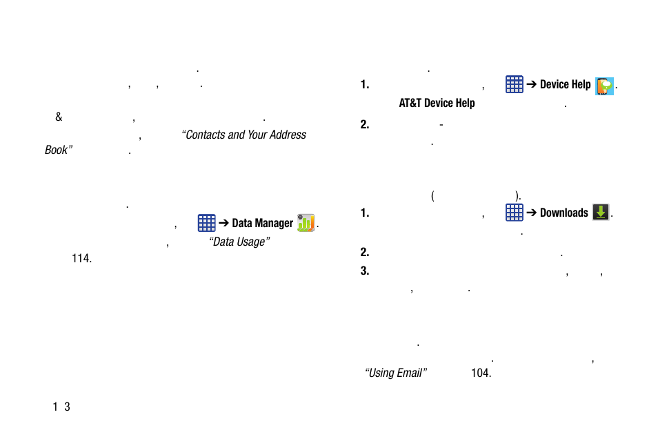 Contacts, Data manager, Device help | Downloads, Email, Contacts data manager device help downloads email | Samsung SM-C105AZWAATT User Manual | Page 200 / 283