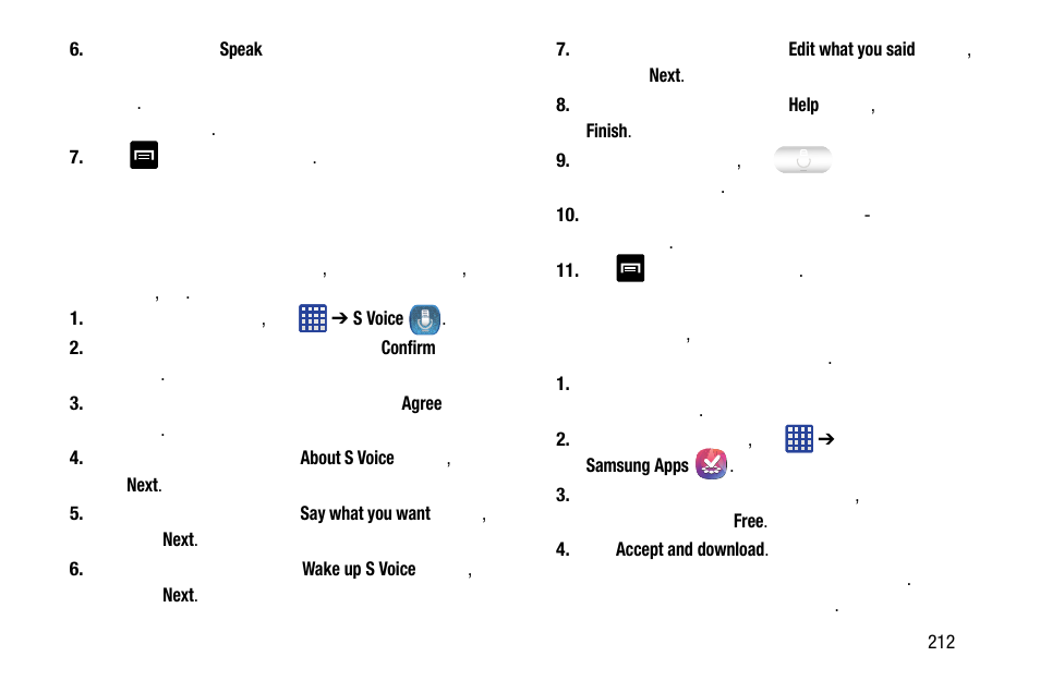 S voice, Samsung apps, S voice samsung apps | Samsung SM-C105AZWAATT User Manual | Page 219 / 283