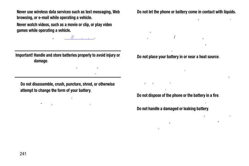 Battery use and safety | Samsung SM-C105AZWAATT User Manual | Page 248 / 283