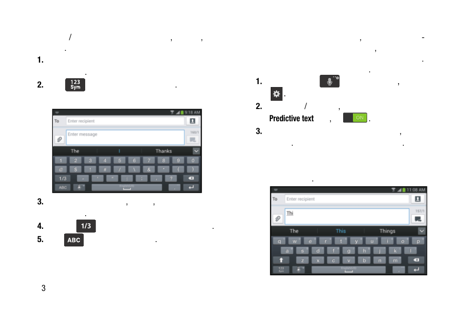 Using symbol/numeric mode, Predictive text, Using symbol/numeric mode predictive text | Samsung SM-C105AZWAATT User Manual | Page 70 / 283