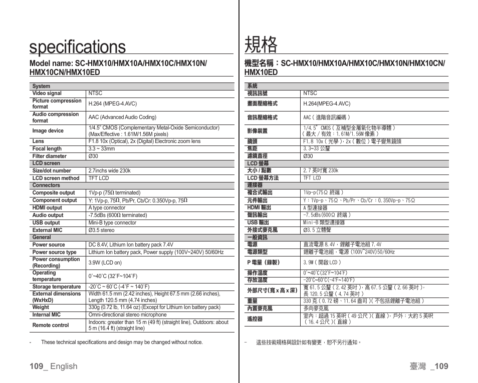 Speciﬁcations, 109 _ english, 臺灣 _ 109 | Samsung SC-HMX10C-XAA User Manual | Page 117 / 119