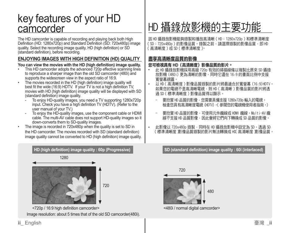 Key features of your hd camcorder, Hd 攝錄放影機的主要功能 | Samsung SC-HMX10C-XAA User Manual | Page 2 / 119