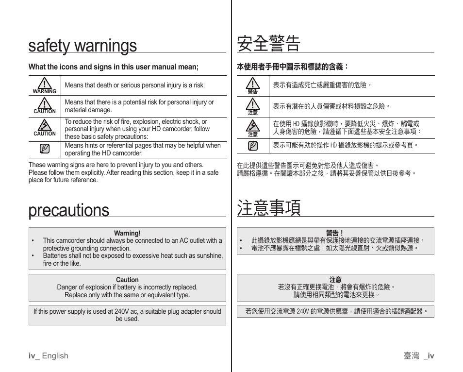 Safety warnings, Precautions, 安全警告 | 注意事項 | Samsung SC-HMX10C-XAA User Manual | Page 4 / 119