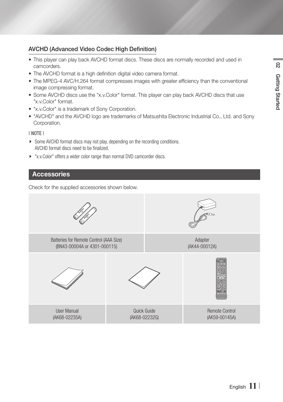 Accessories, 11 accessories, Avchd (advanced video codec high definition) | 02 getting started, English | Samsung BD-ES6000-ZA User Manual | Page 11 / 57