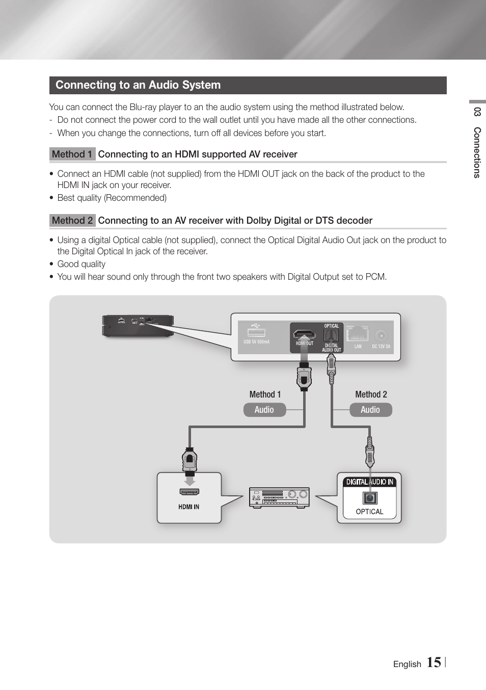 Connecting to an audio system, 15 connecting to an audio system, Connecting to an hdmi | Supported av receiver, Connecting to an av receiver, With dolby digital or dts decoder | Samsung BD-ES6000-ZA User Manual | Page 15 / 57