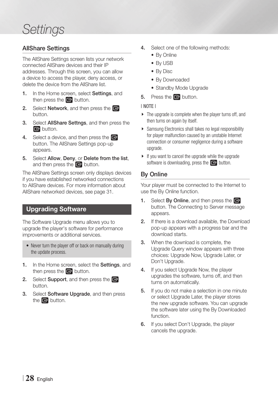 Allshare settings, Upgrading software, By online | 28 upgrading software 28, Settings | Samsung BD-ES6000-ZA User Manual | Page 28 / 57