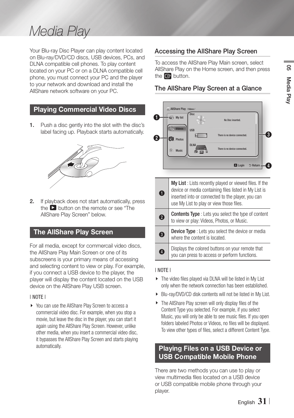 Media play, Playing commercial video discs, The allshare play screen | Accessing the allshare play screen, The allshare play screen at a glance, 31 playing files on a usb device or usb, Compatible mobile phone | Samsung BD-ES6000-ZA User Manual | Page 31 / 57