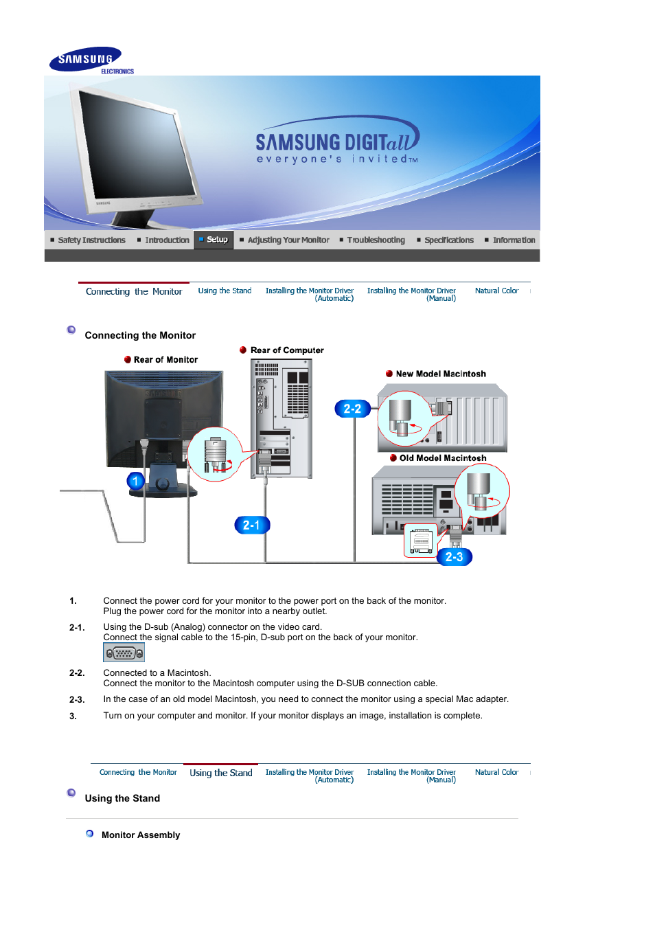 Setup, Connecting the monitor, Using the stand | Samsung LS19GSESSY-XAA User Manual | Page 12 / 60