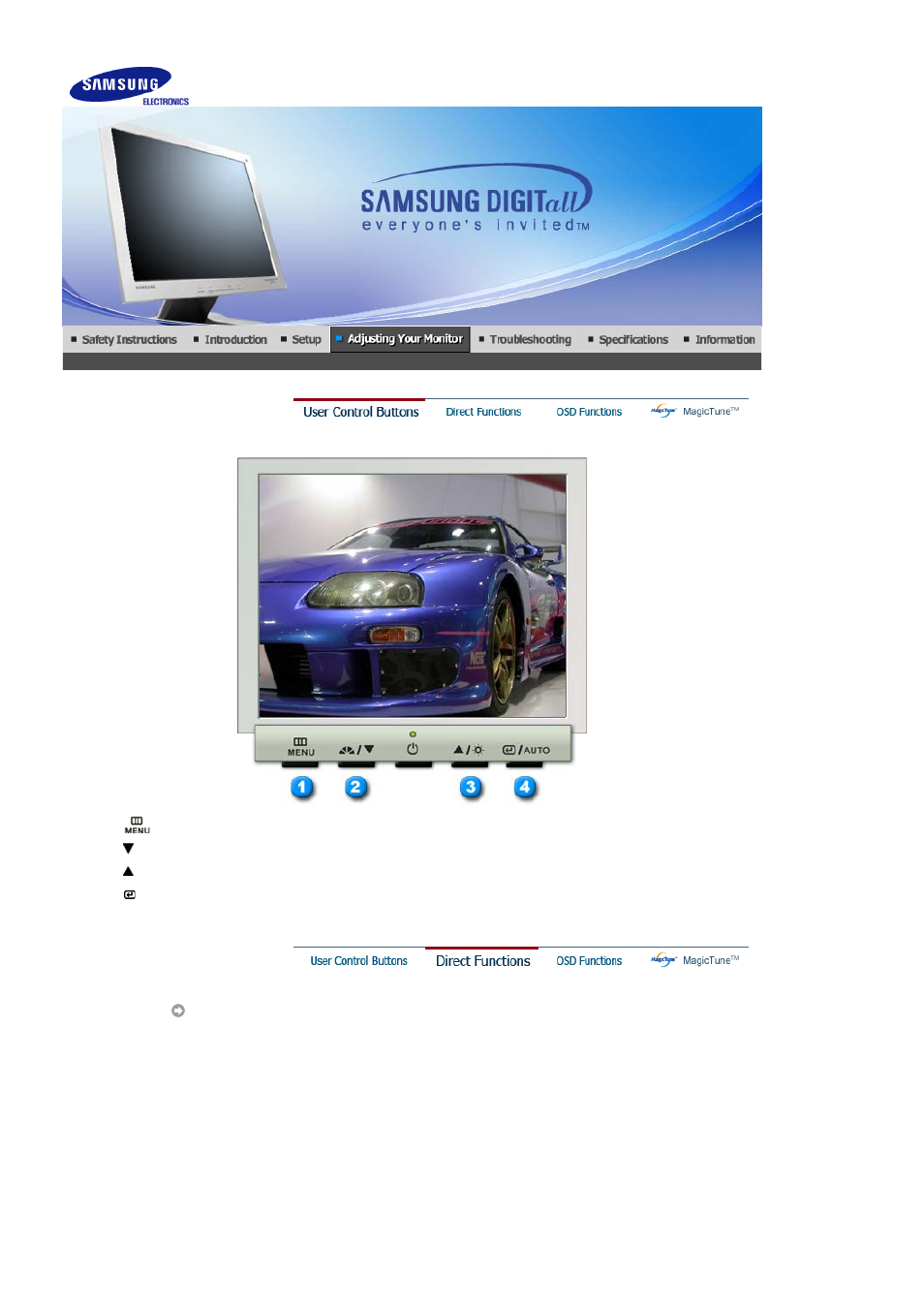 User control buttons, Direct functions | Samsung LS19GSESSY-XAA User Manual | Page 19 / 60