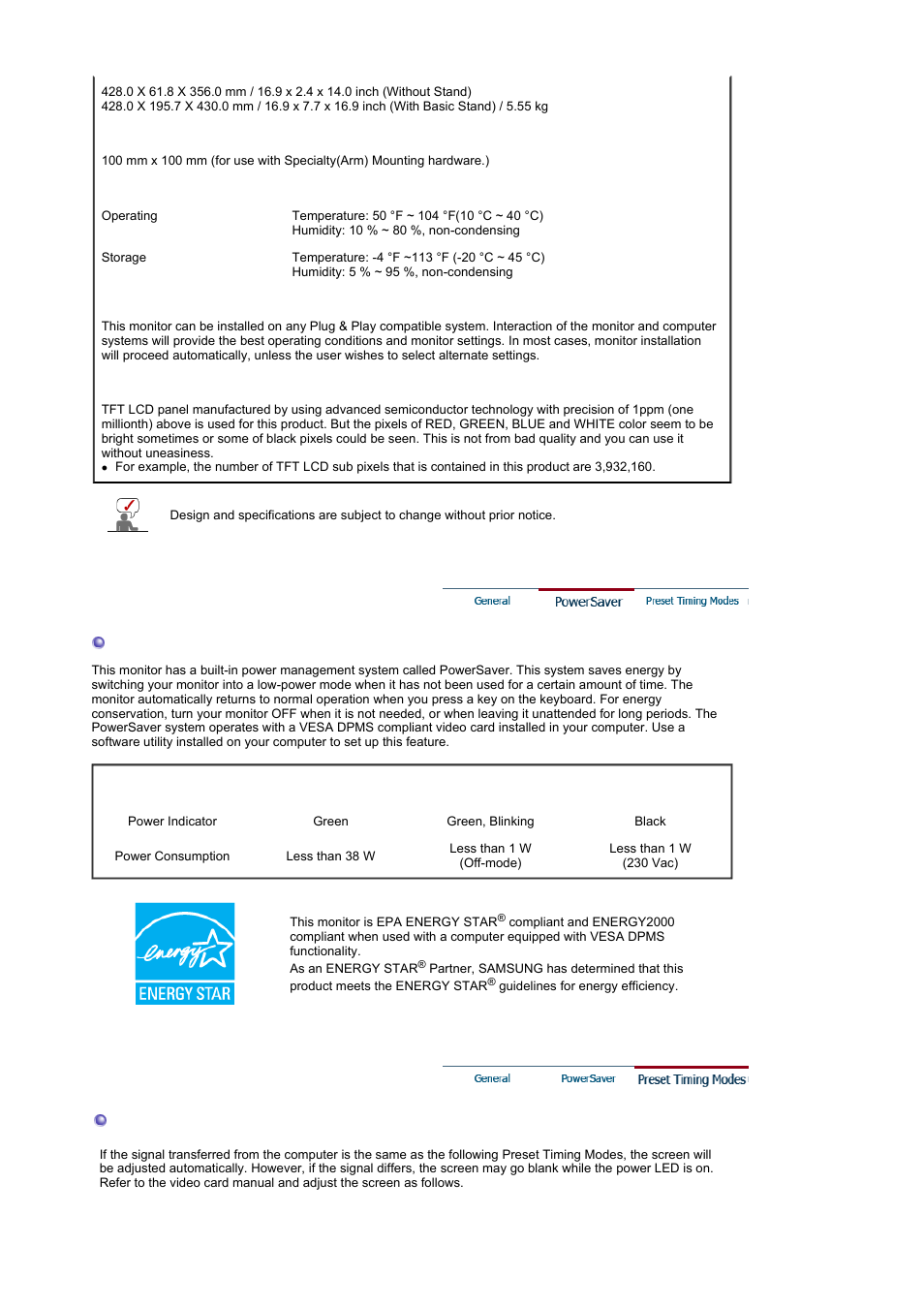Preset timing modes | Samsung LS19GSESSY-XAA User Manual | Page 48 / 60