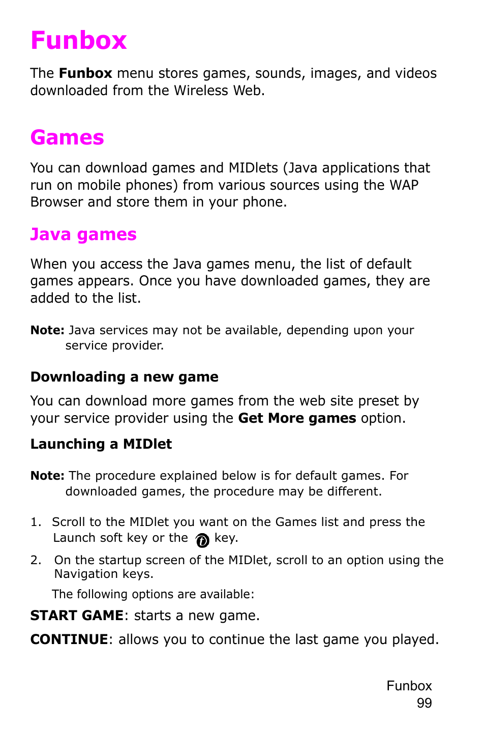 Funbox, Games, Java games | Samsung SGH-P735MSATMB User Manual | Page 100 / 193