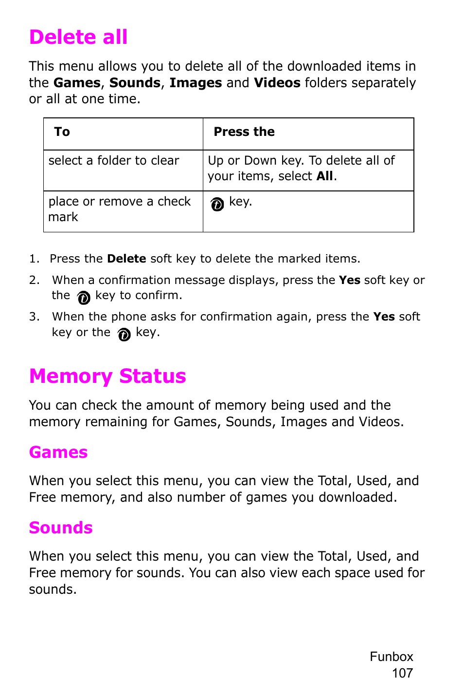 Delete all, Memory status, Delete all memory status | Games, Sounds | Samsung SGH-P735MSATMB User Manual | Page 108 / 193