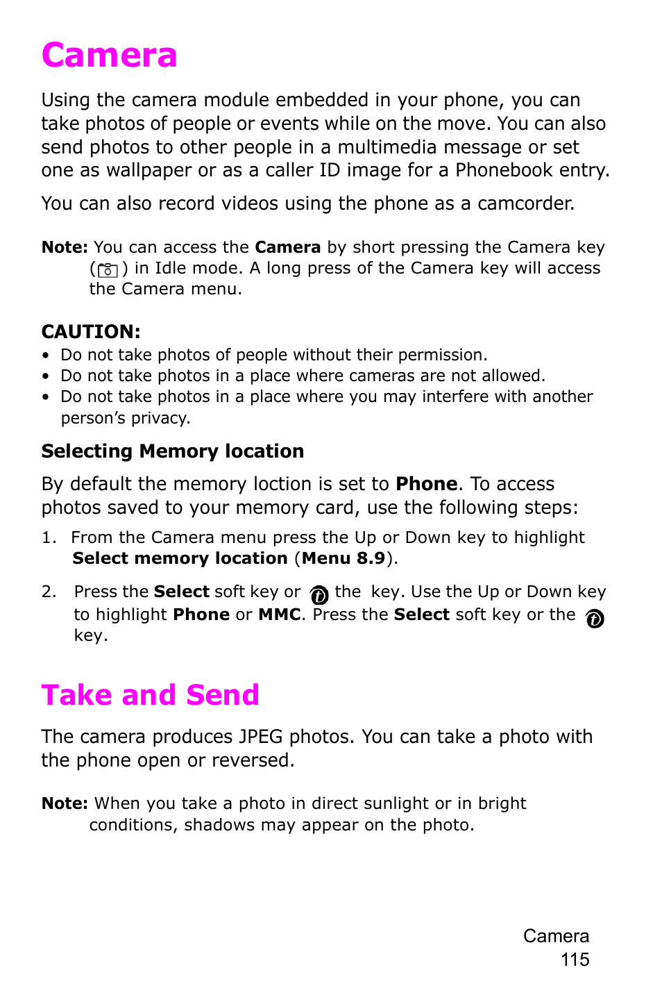 Camera, Take and send | Samsung SGH-P735MSATMB User Manual | Page 116 / 193