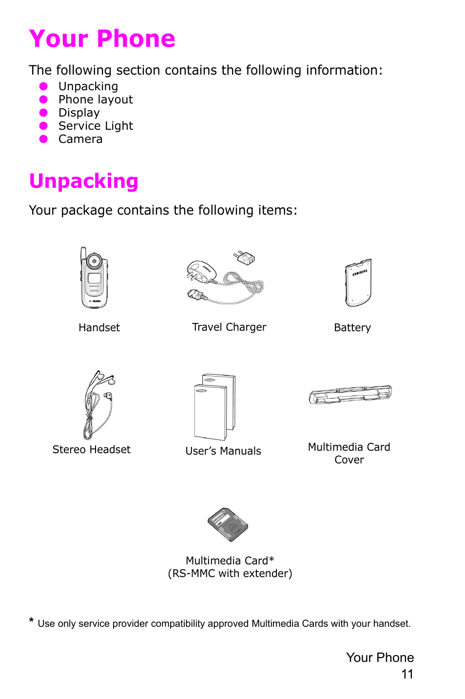 Your phone, Unpacking | Samsung SGH-P735MSATMB User Manual | Page 12 / 193