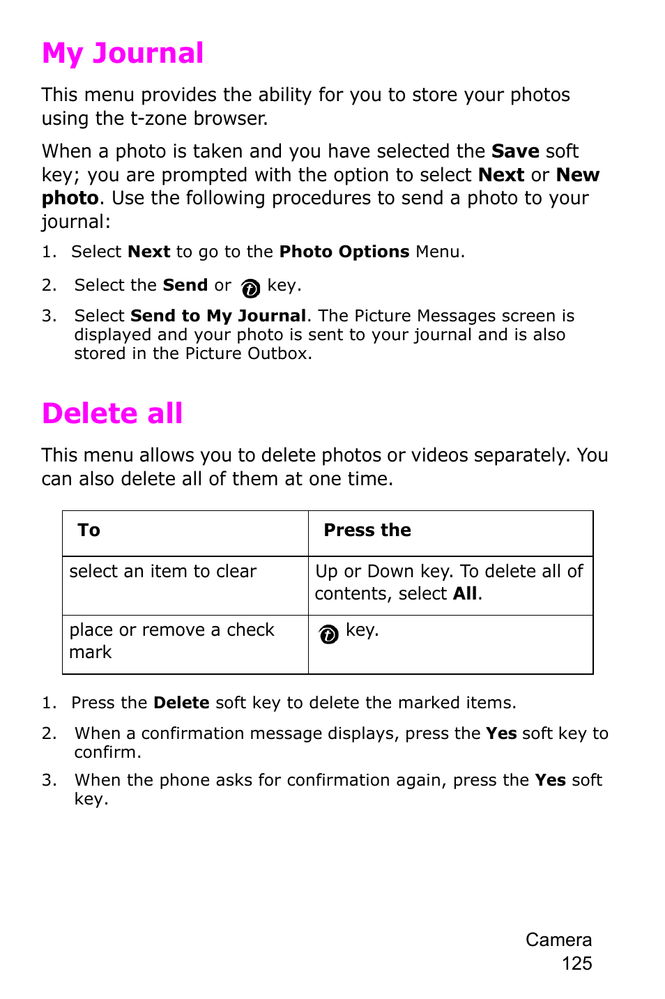 My journal, Delete all, My journal delete all | Samsung SGH-P735MSATMB User Manual | Page 126 / 193