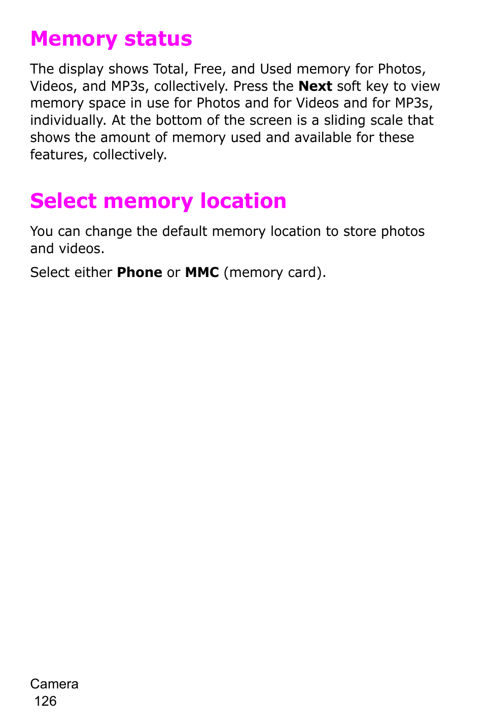 Memory status, Select memory location, Memory status select memory location | Samsung SGH-P735MSATMB User Manual | Page 127 / 193